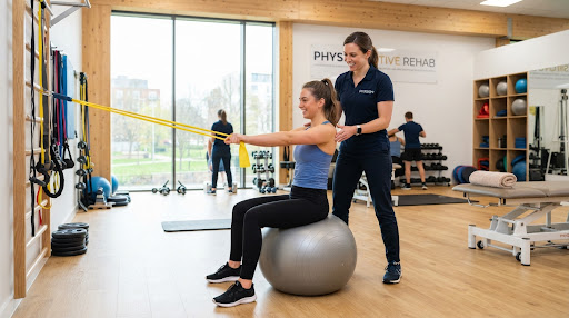 Sector de readaptación física y gimnasio kinesiológico con espaldar sueco, pesas y balones de estabilidad suizos